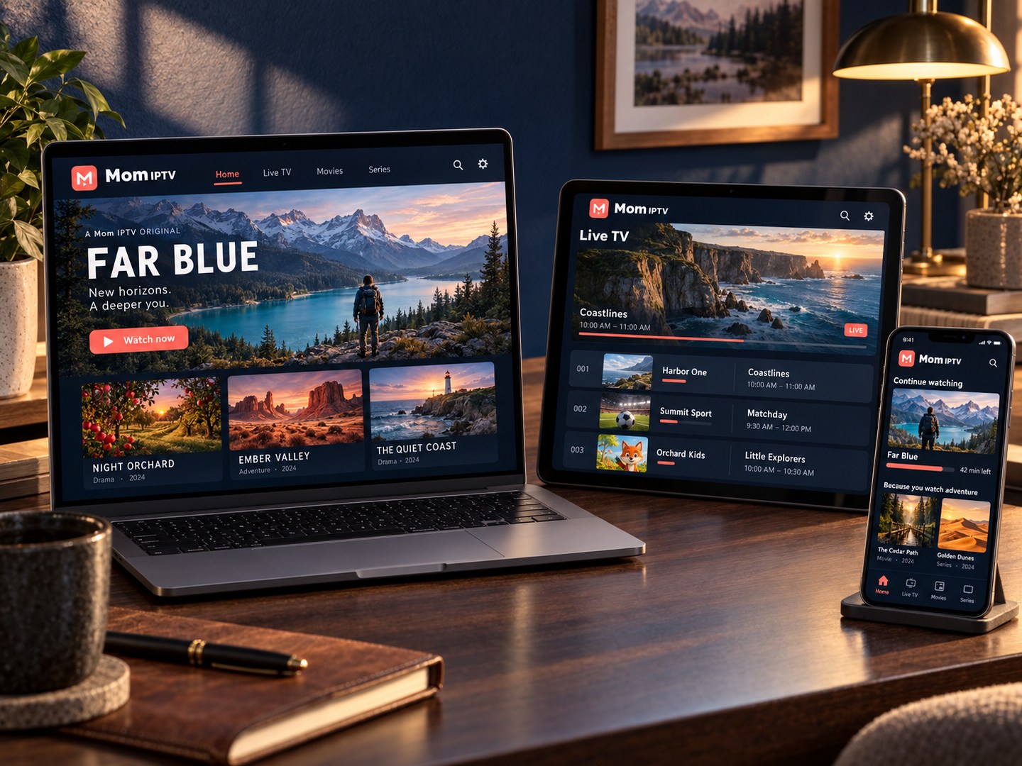 A laptop, tablet and phone display fictional Mom IPTV movies and a live TV guide.