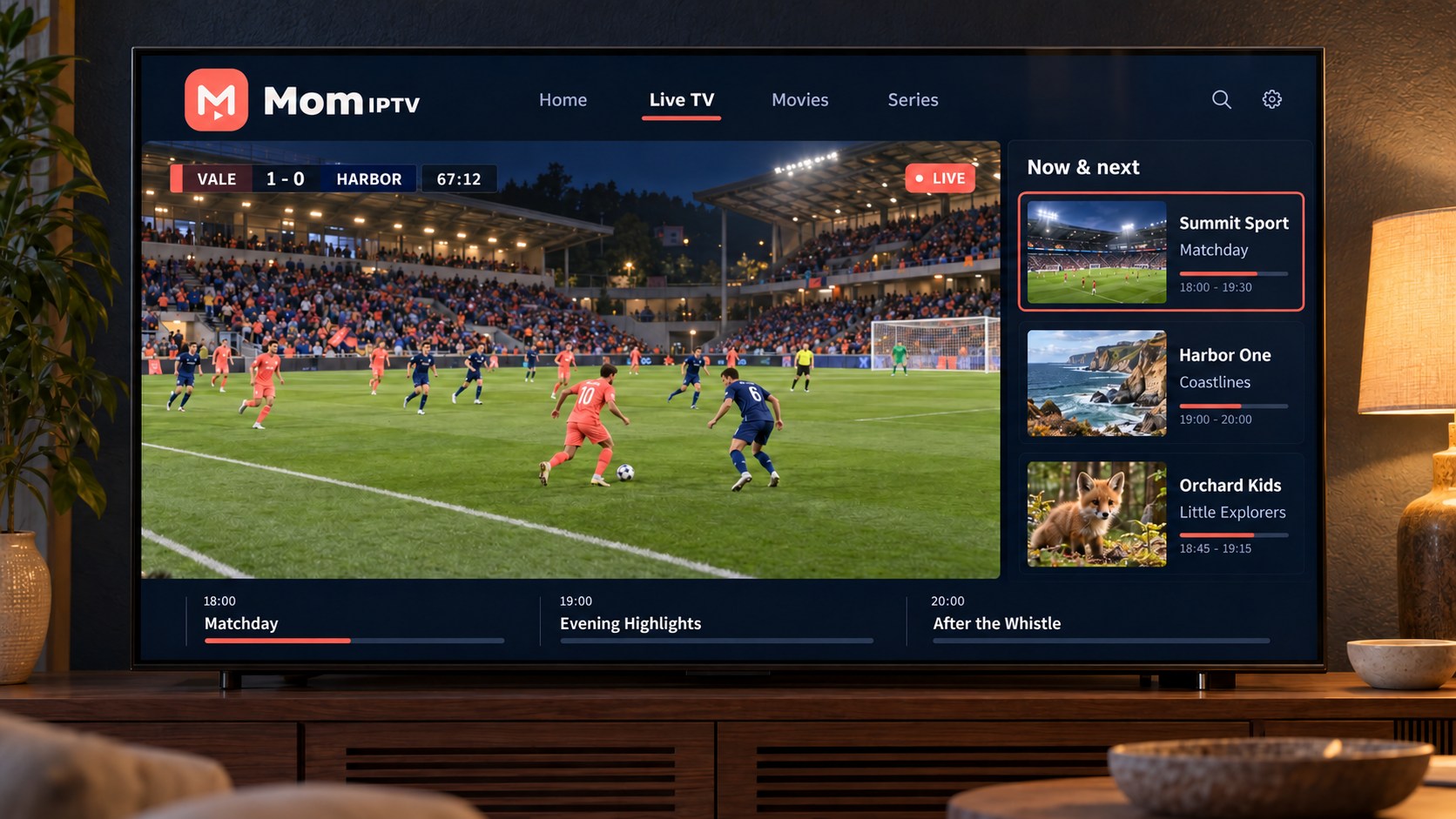 A television displays a fictional football match and a populated live TV guide.
