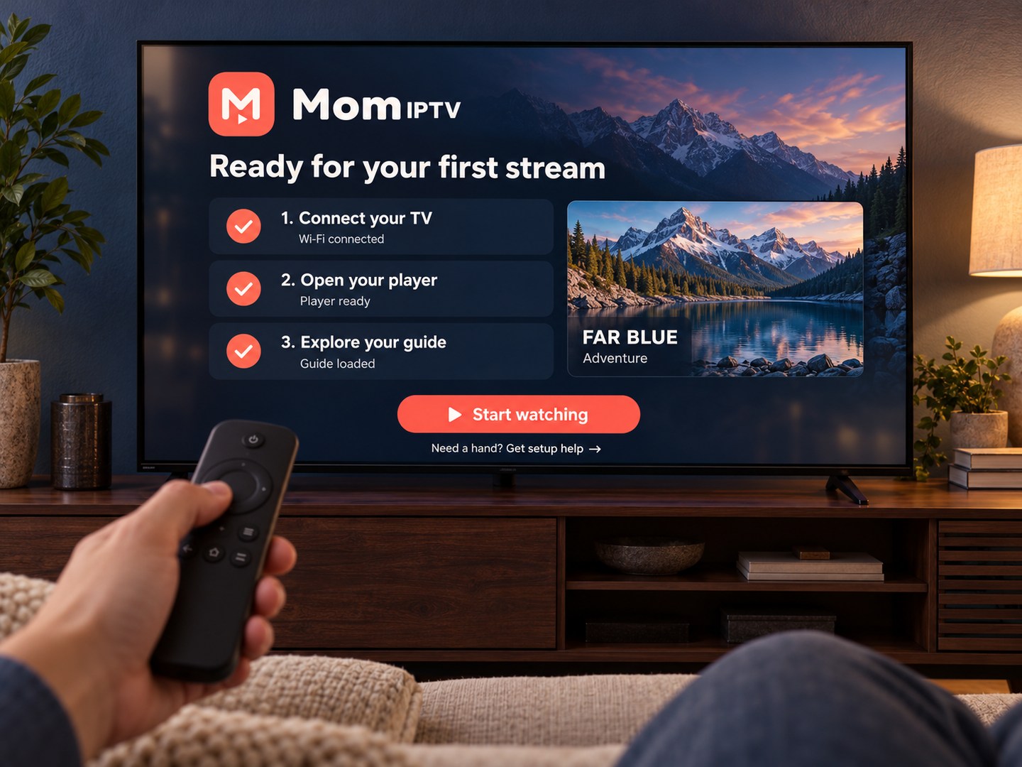 A hand holds a remote toward a television displaying a completed streaming setup checklist.
