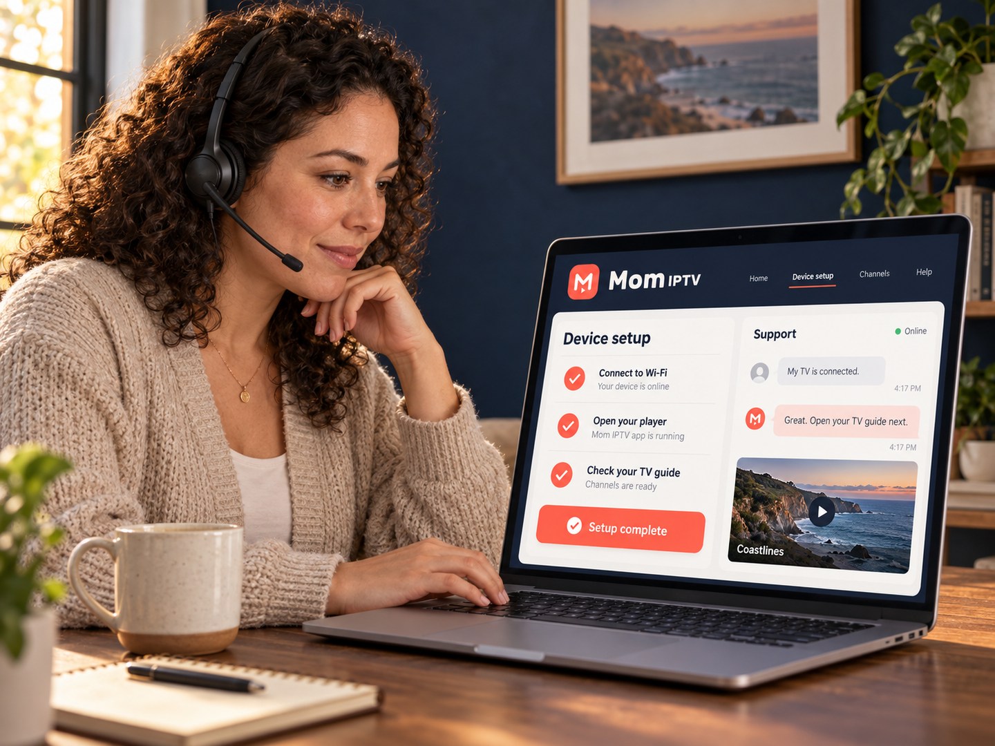 A support advisor uses a laptop showing a device setup checklist and support conversation.